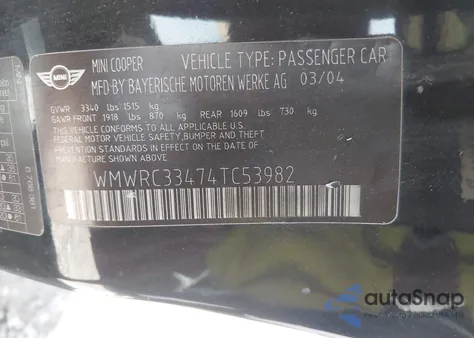 2004 Mini Cooper from USA, damaged, VIN WMWRC33474TC53982